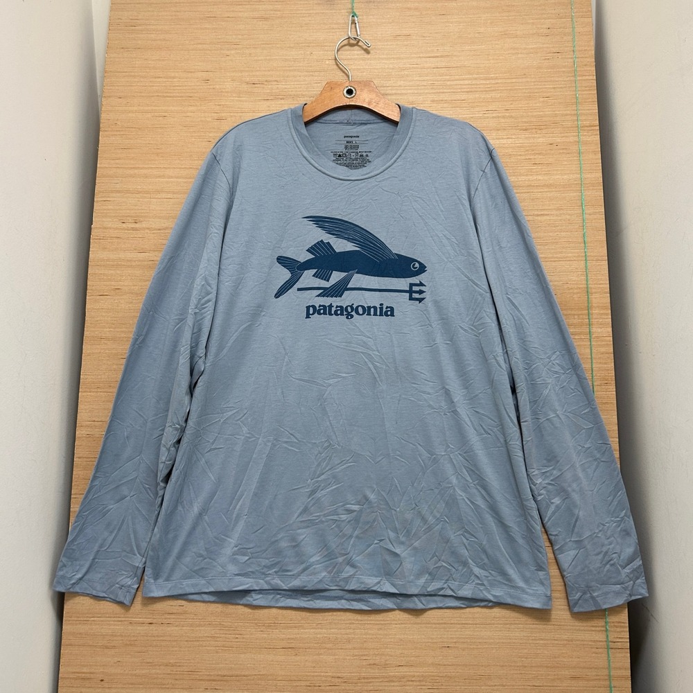 Patagonia Mens Flying Fish Trident Graphic Long Sleeve Shirt Blue 52102SP14 L